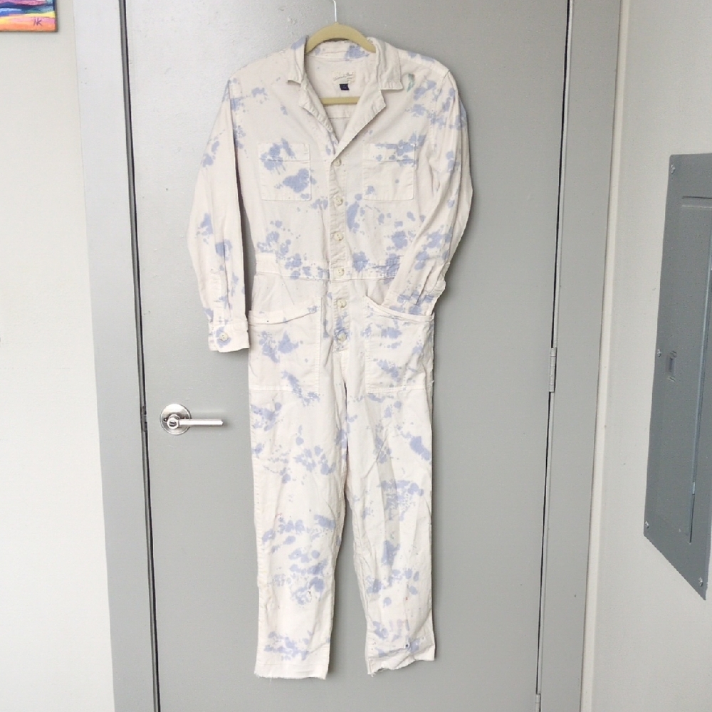 Universal Thread Cream and Blue Cotton Jumpsuit 0 XS